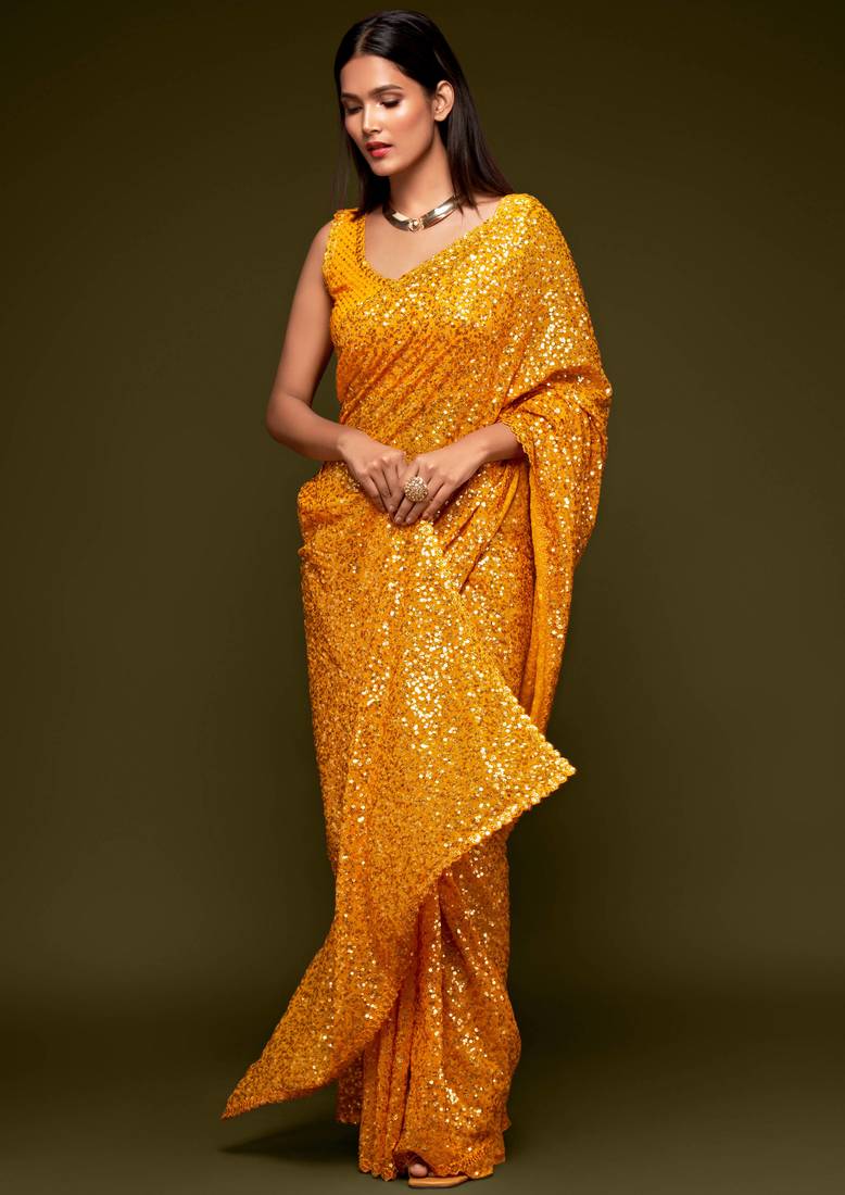 Yellow Thread And Multi Sequins embroiderd Georette Designer Saree With Fancy Blouse