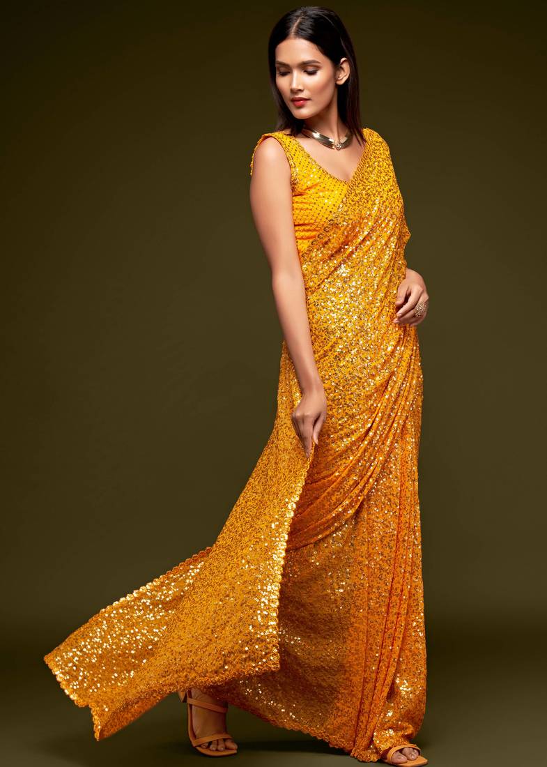 Yellow Thread And Multi Sequins embroiderd Georette Designer Saree With Fancy Blouse