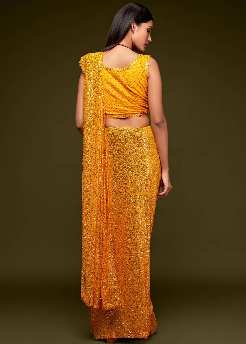 Yellow Thread And Multi Sequins embroiderd Georette Designer Saree With Fancy Blouse