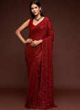 Ruby Red Thread And multi Sequins embroiderd Georette Designer Saree With Blouse