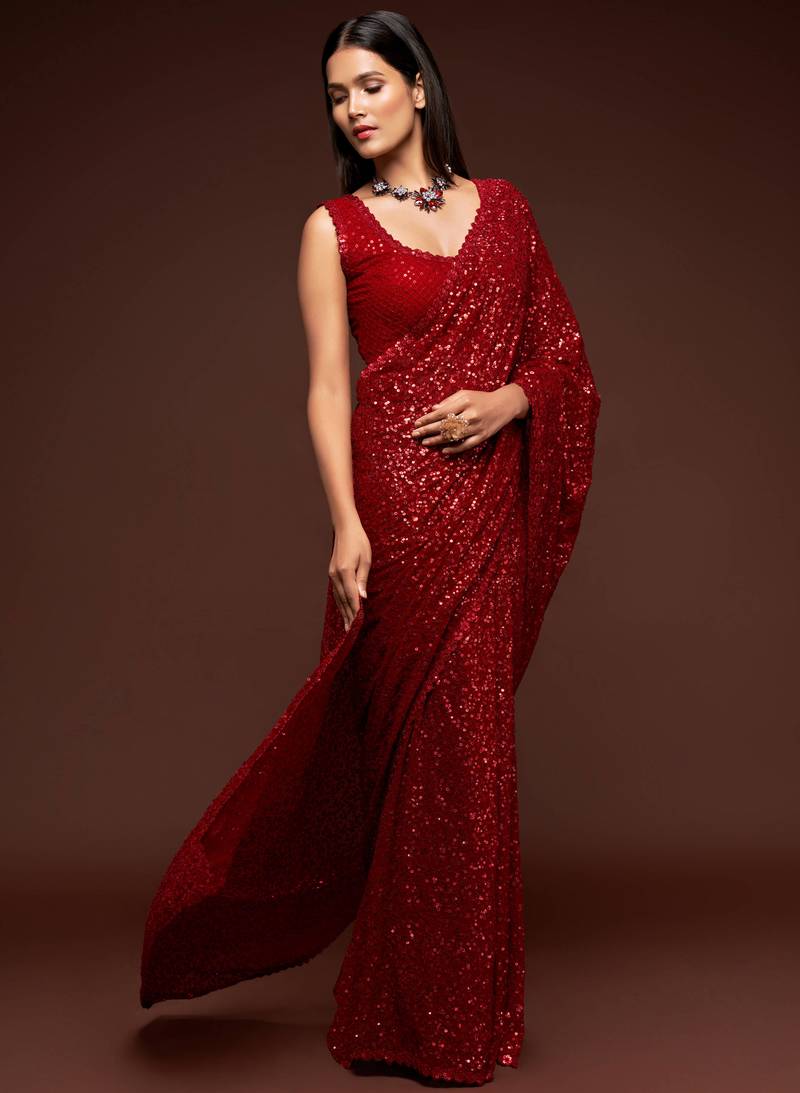 Ruby Red Thread And multi Sequins embroiderd Georette Designer Saree With Blouse