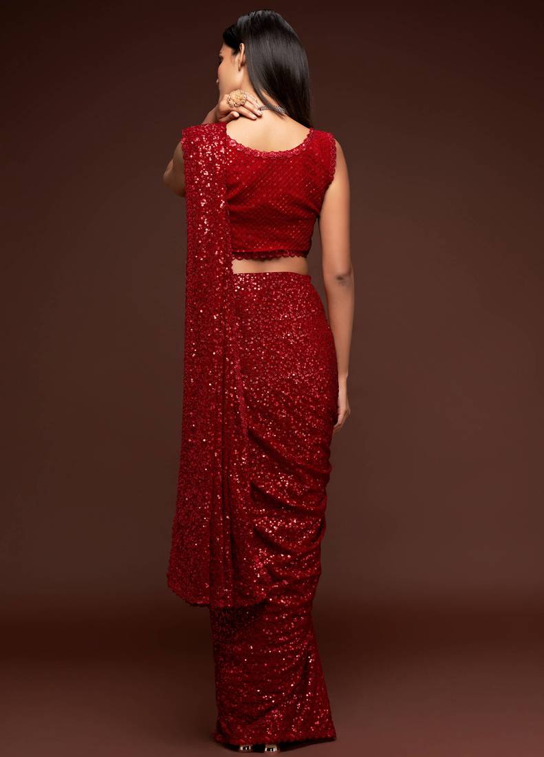 Ruby Red Thread And multi Sequins embroiderd Georette Designer Saree With Blouse