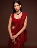 Ruby Red Thread And multi Sequins embroiderd Georette Designer Saree With Blouse