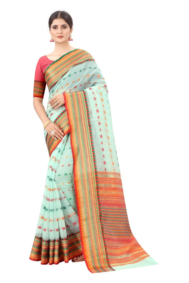 Women's Sky Blue Cotton Blend Jacquard Ethnic Motifs Multicolor Zari Border And Pallu Manipuri Saree With Running Blouse Piece