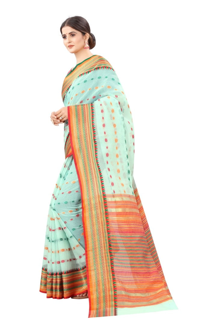 Women's Sky Blue Cotton Blend Jacquard Ethnic Motifs Multicolor Zari Border And Pallu Manipuri Saree With Running Blouse Piece