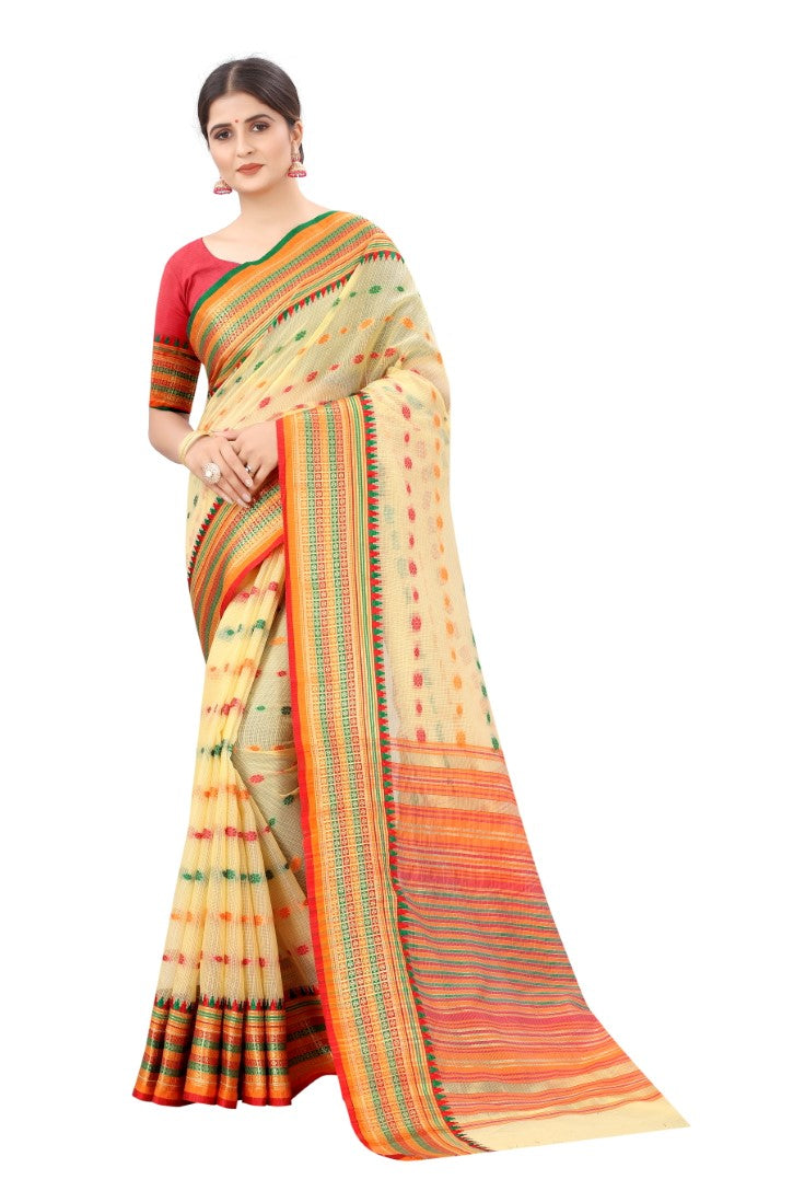 Women's Yellow Cotton Blend Jacquard Ethnic Motifs Multicolor Zari Border And Pallu Manipuri Saree With Running Blouse Piece