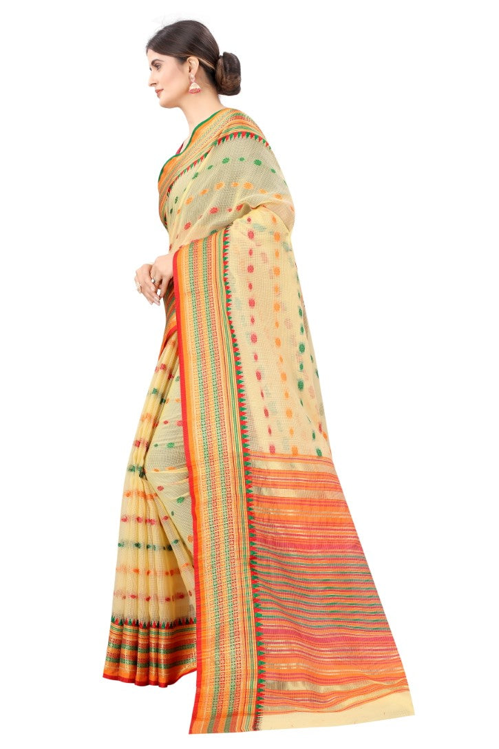 Women's Yellow Cotton Blend Jacquard Ethnic Motifs Multicolor Zari Border And Pallu Manipuri Saree With Running Blouse Piece