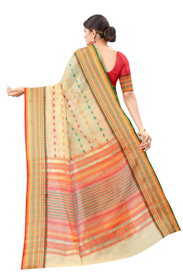 Women's Yellow Cotton Blend Jacquard Ethnic Motifs Multicolor Zari Border And Pallu Manipuri Saree With Running Blouse Piece