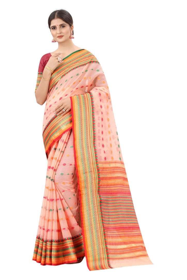 Women's Peach Cotton Blend Jacquard Ethnic Motifs Multicolor Zari Border And Pallu Manipuri Saree With Running Blouse Piece