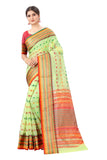 Women's Pista Cotton Blend Jacquard Ethnic Motifs Multicolor Zari Border And Pallu Manipuri Saree With Running Blouse Piece