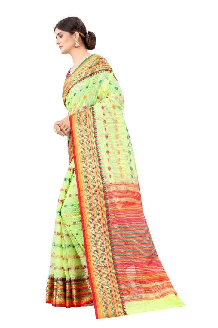 Women's Pista Cotton Blend Jacquard Ethnic Motifs Multicolor Zari Border And Pallu Manipuri Saree With Running Blouse Piece