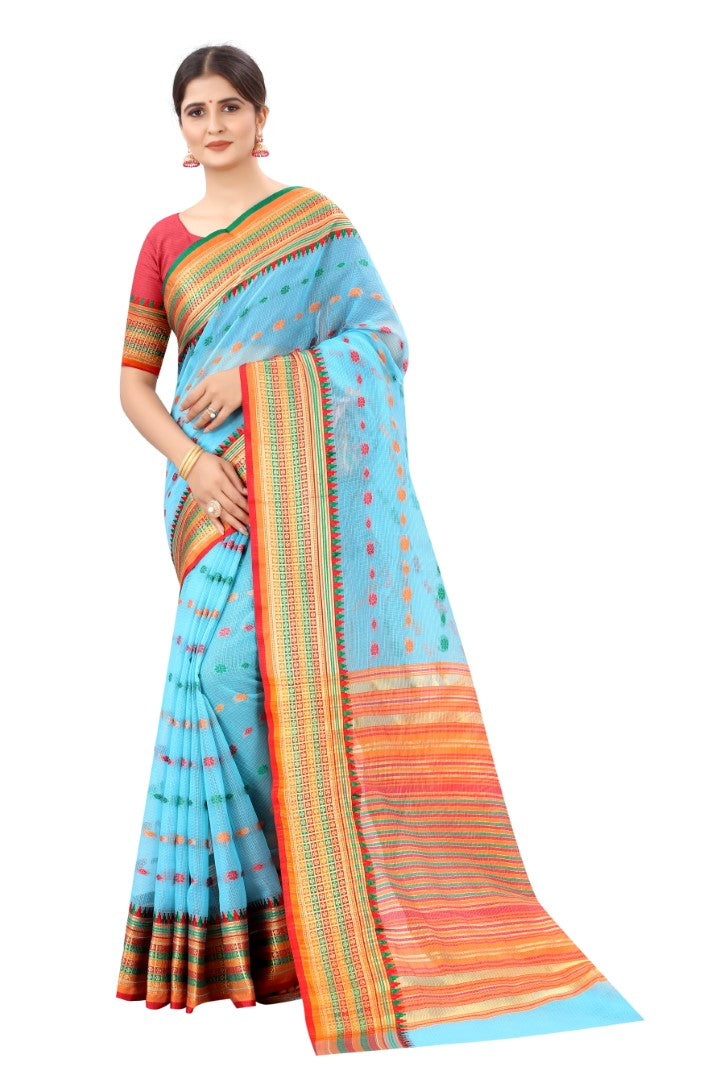 Women's Firozi Cotton Blend Jacquard Ethnic Motifs Multicolor Zari Border And Pallu Manipuri Saree With Running Blouse Piece