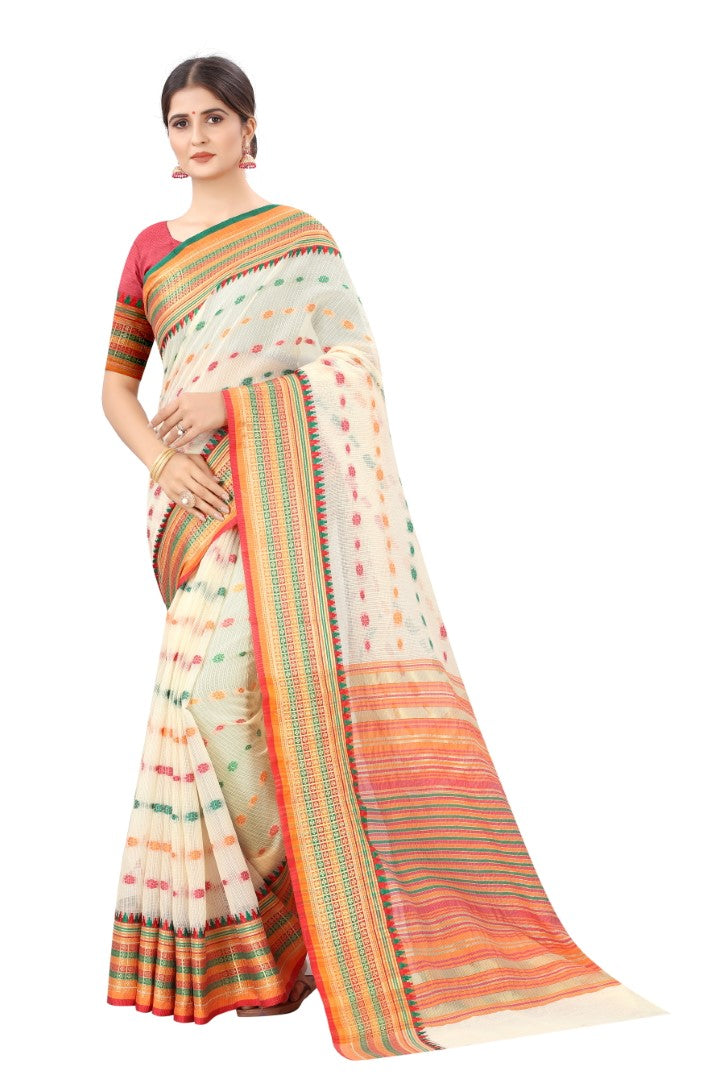 Women's White Cotton Blend Jacquard Ethnic Motifs Multicolor Zari Border And Pallu Manipuri Saree With Running Blouse Piece