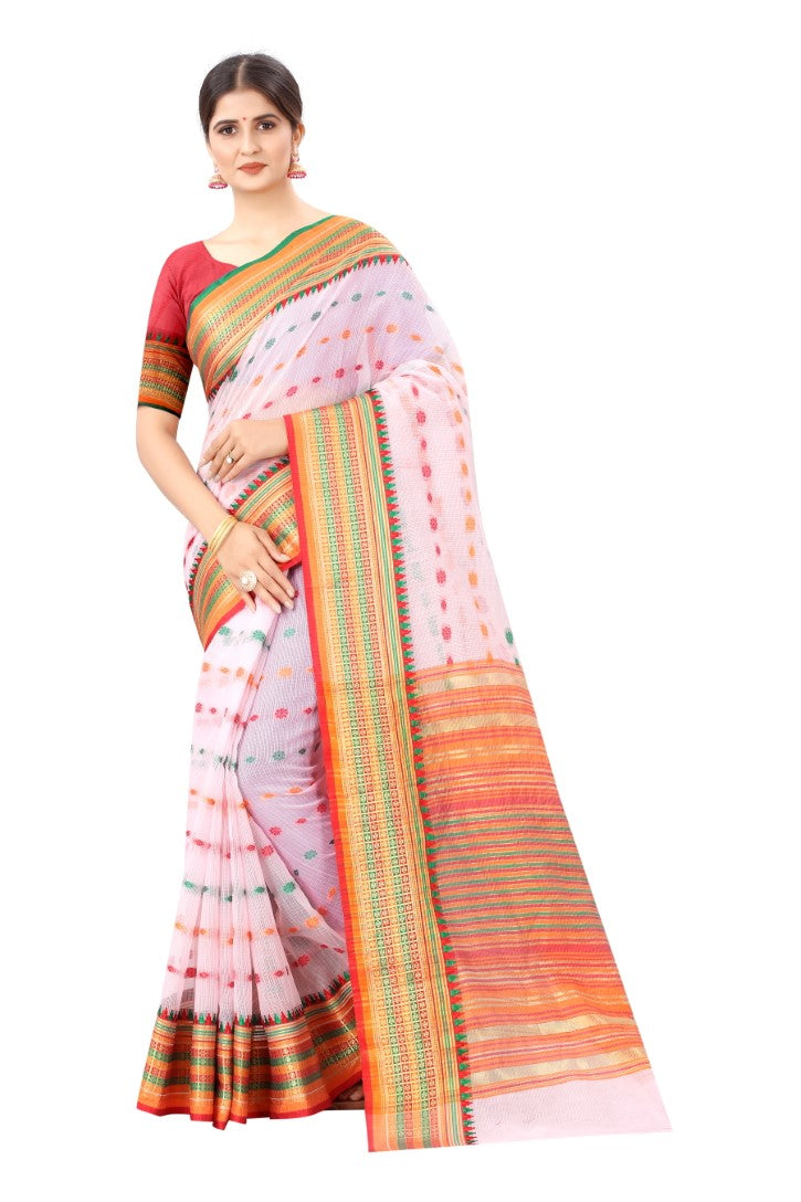 Women's Baby Pink Cotton Blend Jacquard Ethnic Motifs Multicolor Zari Border And Pallu Manipuri Saree With Running Blouse Piece