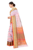 Women's Baby Pink Cotton Blend Jacquard Ethnic Motifs Multicolor Zari Border And Pallu Manipuri Saree With Running Blouse Piece