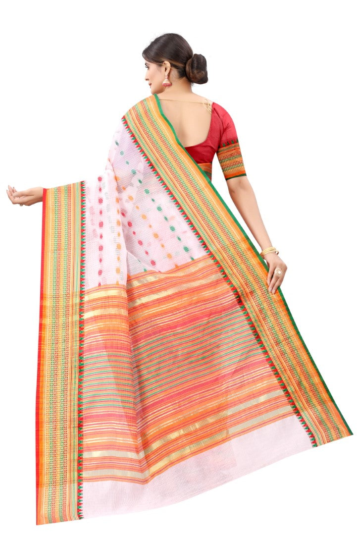 Women's Baby Pink Cotton Blend Jacquard Ethnic Motifs Multicolor Zari Border And Pallu Manipuri Saree With Running Blouse Piece