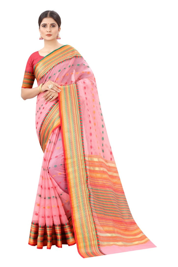 Women's Pink Cotton Blend Jacquard Ethnic Motifs Multicolor Zari Border And Pallu Manipuri Saree With Running Blouse Piece