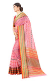 Women's Pink Cotton Blend Jacquard Ethnic Motifs Multicolor Zari Border And Pallu Manipuri Saree With Running Blouse Piece