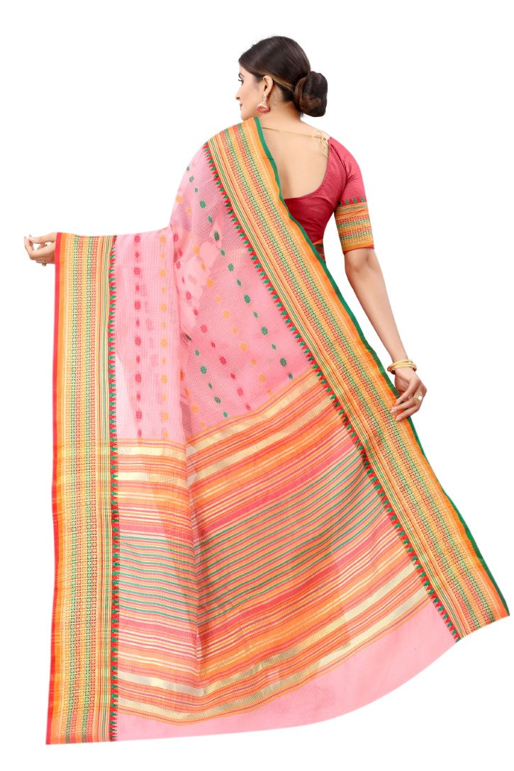 Women's Pink Cotton Blend Jacquard Ethnic Motifs Multicolor Zari Border And Pallu Manipuri Saree With Running Blouse Piece