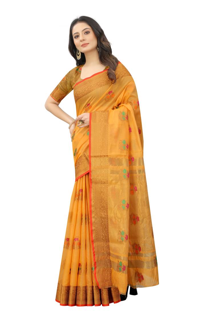 Women's Yellow color With Golden Zari Cheap pallu Chanderi Cotton silk saree with Customize blouse piece