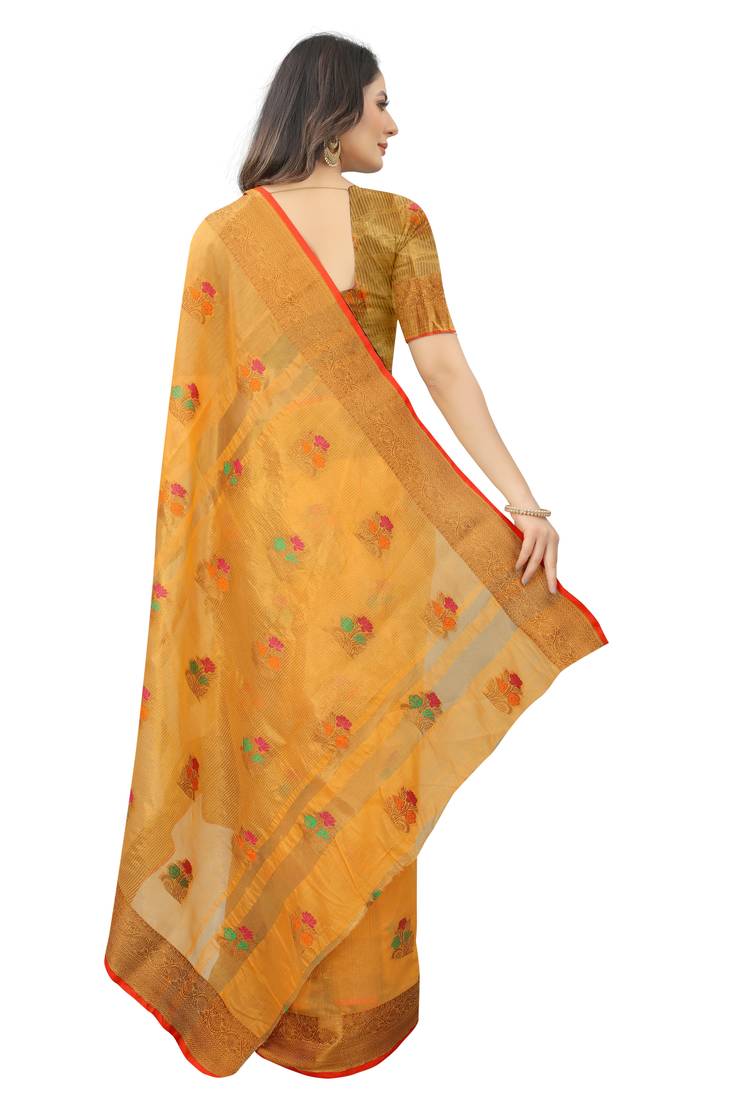 Women's Yellow color With Golden Zari Cheap pallu Chanderi Cotton silk saree with Customize blouse piece