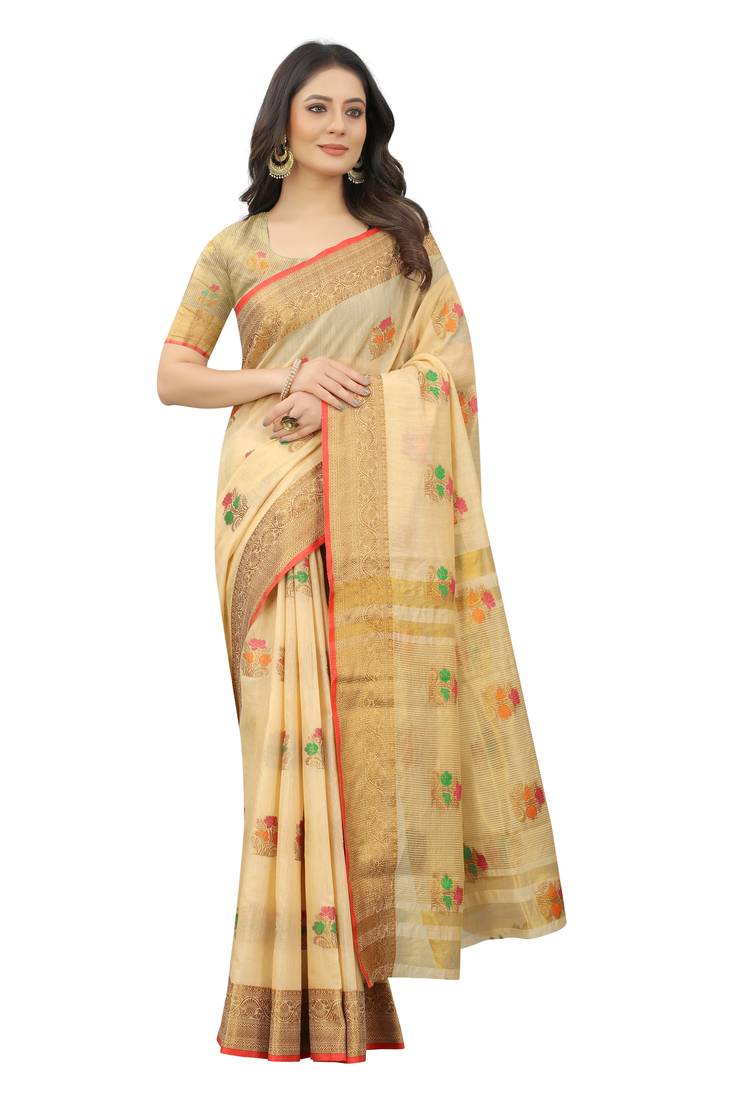 Women's Cream color With Golden Zari Cheap Pallu Chanderi Cotton silk saree with Customize blouse piece