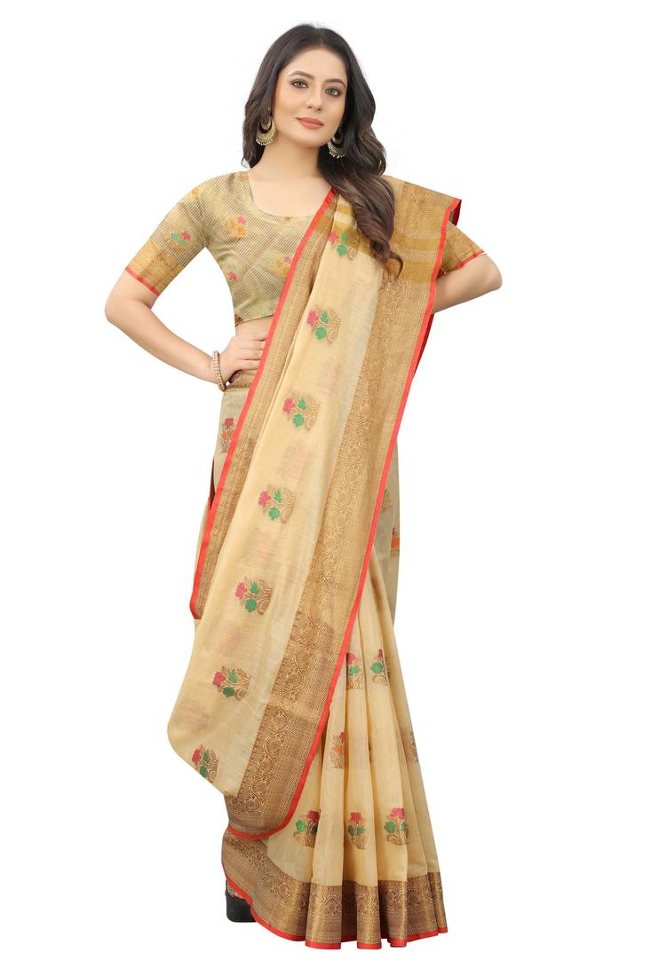 Women's Cream color With Golden Zari Cheap Pallu Chanderi Cotton silk saree with Customize blouse piece