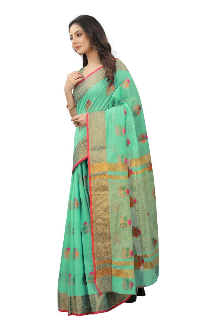 Women's Firozi color With Golden Zari Cheap Pallu Chanderi Cotton silk saree with Customize blouse piece