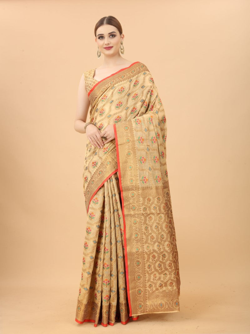 Women's Cream color With Golden Zari Chanderi Cotton silk saree with Customize blouse piece