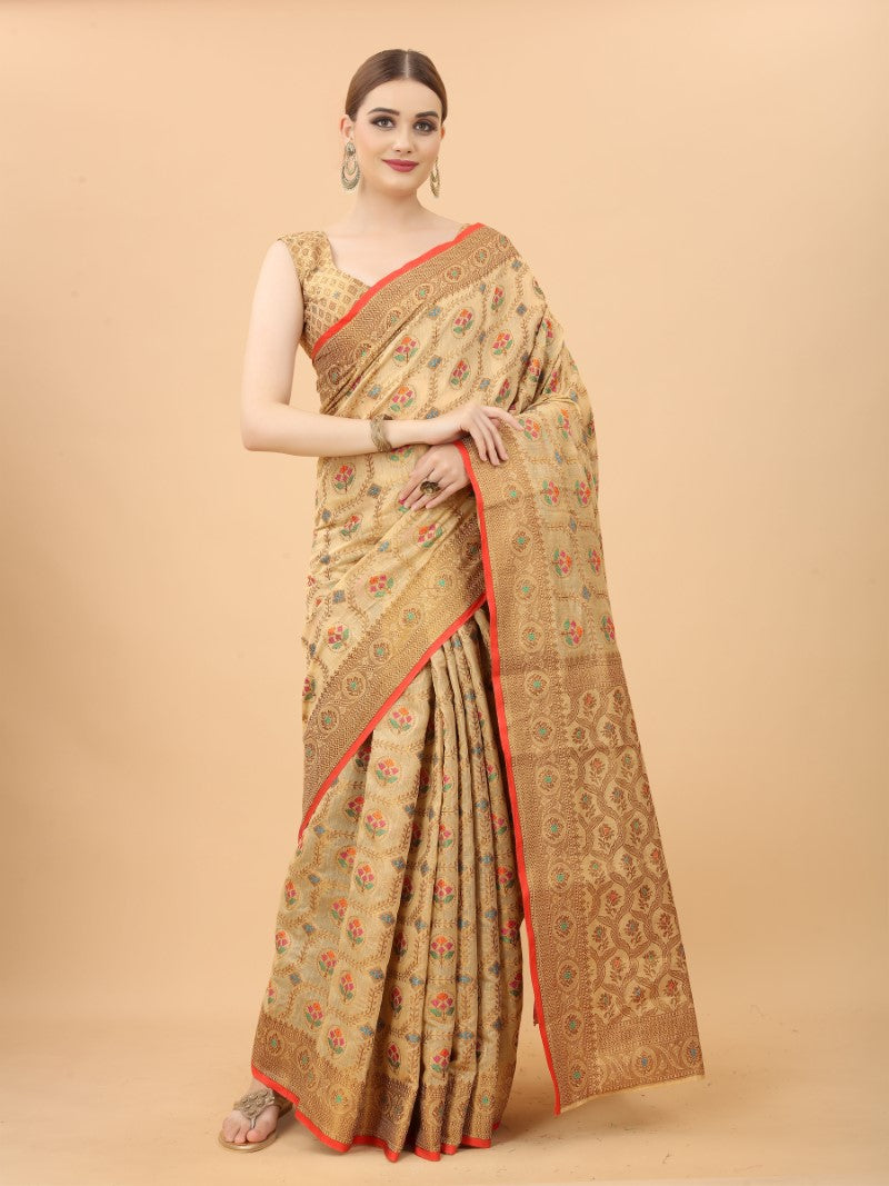 Women's Cream color With Golden Zari Chanderi Cotton silk saree with Customize blouse piece