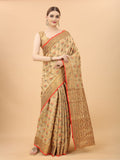 Women's Cream color With Golden Zari Chanderi Cotton silk saree with Customize blouse piece