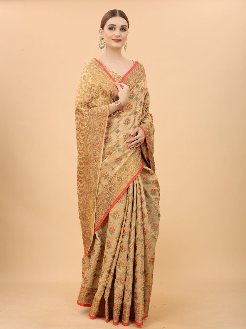 Women's Cream color With Golden Zari Chanderi Cotton silk saree with Customize blouse piece