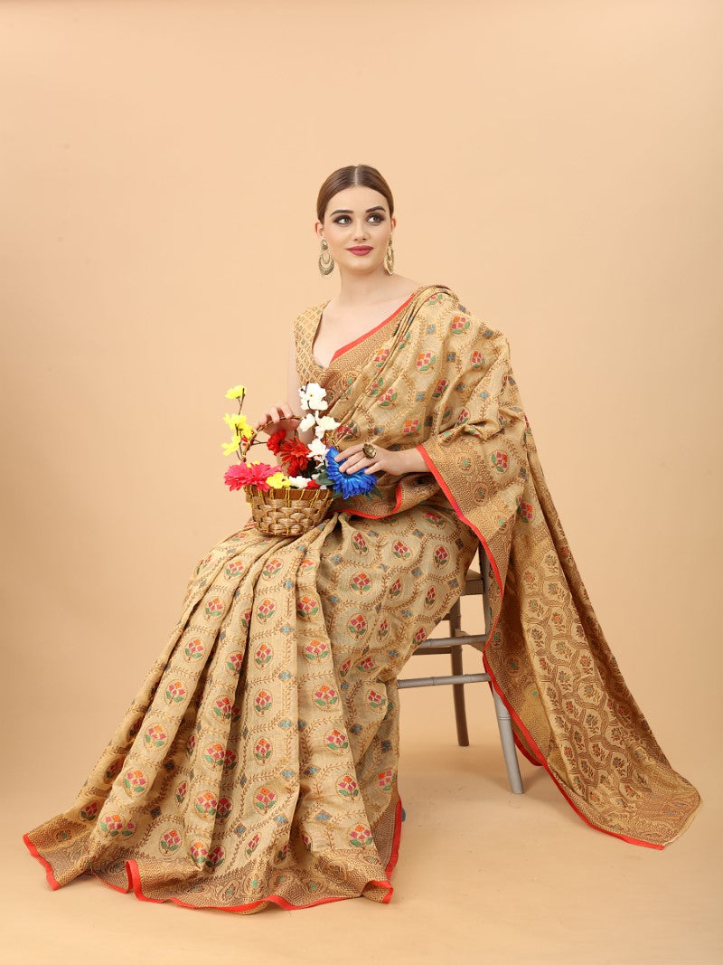 Women's Cream color With Golden Zari Chanderi Cotton silk saree with Customize blouse piece