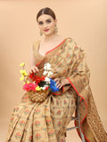 Women's Cream color With Golden Zari Chanderi Cotton silk saree with Customize blouse piece