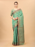 Women's Firozi color With Golden Zari Chanderi Cotton silk saree with Customize blouse piece