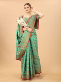 Women's Firozi color With Golden Zari Chanderi Cotton silk saree with Customize blouse piece