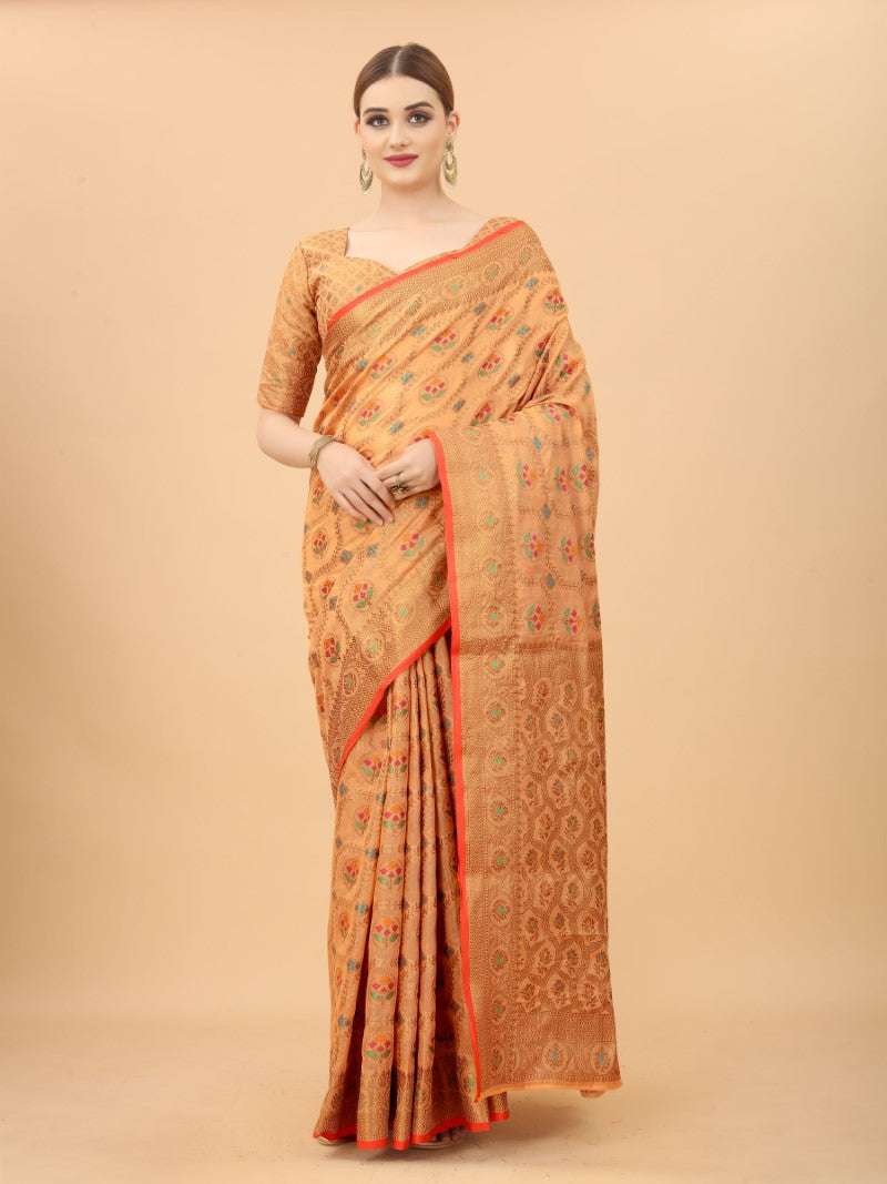 Women's Peach color With Golden Zari Chanderi Cotton silk saree with Customize blouse piece