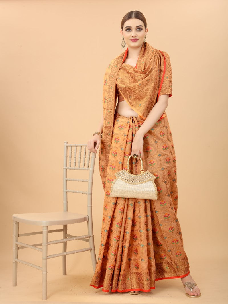 Women's Peach color With Golden Zari Chanderi Cotton silk saree with Customize blouse piece