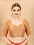 Women's Peach color With Golden Zari Chanderi Cotton silk saree with Customize blouse piece