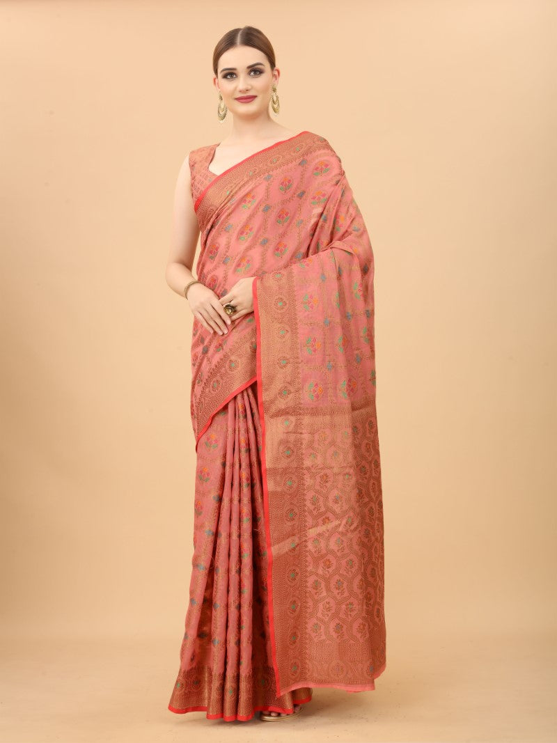 Women's Pink color With Golden Zari Chanderi Cotton silk saree with Customize blouse piece