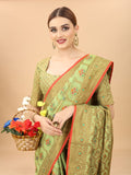 Women's Pista color With Golden Zari Chanderi Cotton silk saree with Customize blouse piece