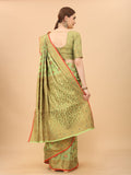 Women's Pista color With Golden Zari Chanderi Cotton silk saree with Customize blouse piece