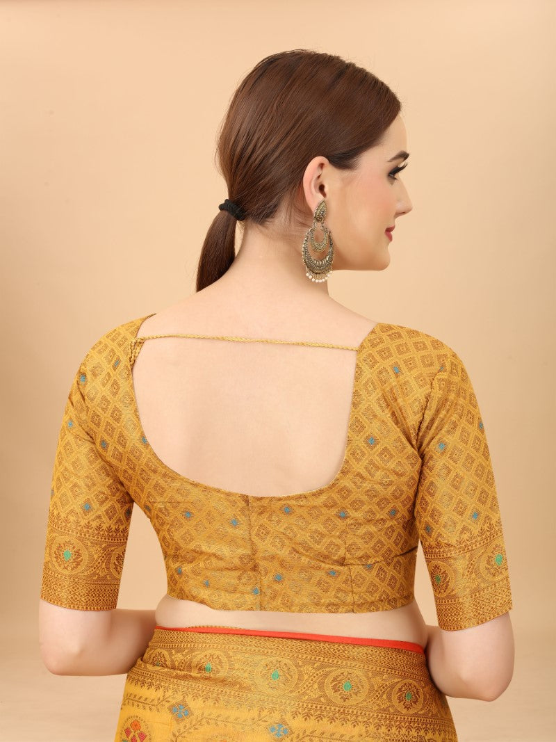 Women's Yellow color With Golden Zari Chanderi Cotton silk saree with Customize blouse piece