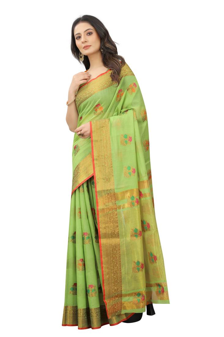 Women's Green color With Golden Zari Cheap Pallu Chanderi Cotton silk saree with Customize blouse piece