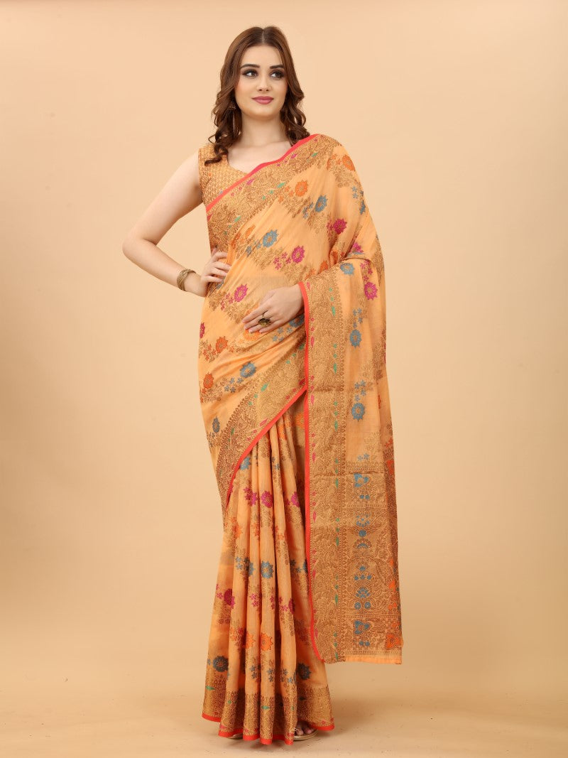 Women's Orange color With Golden Zari Chanderi Cotton silk saree with Customize blouse piece