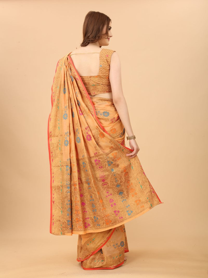 Women's Orange color With Golden Zari Chanderi Cotton silk saree with Customize blouse piece