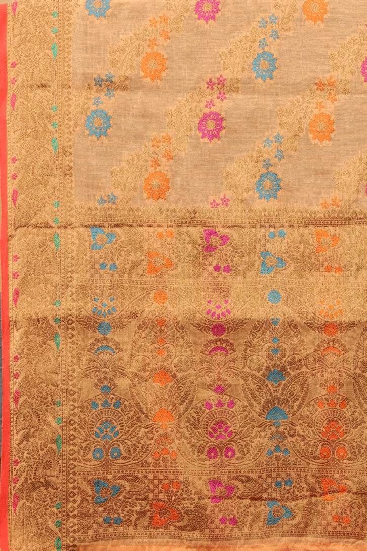 Women's Orange color With Golden Zari Chanderi Cotton silk saree with Customize blouse piece