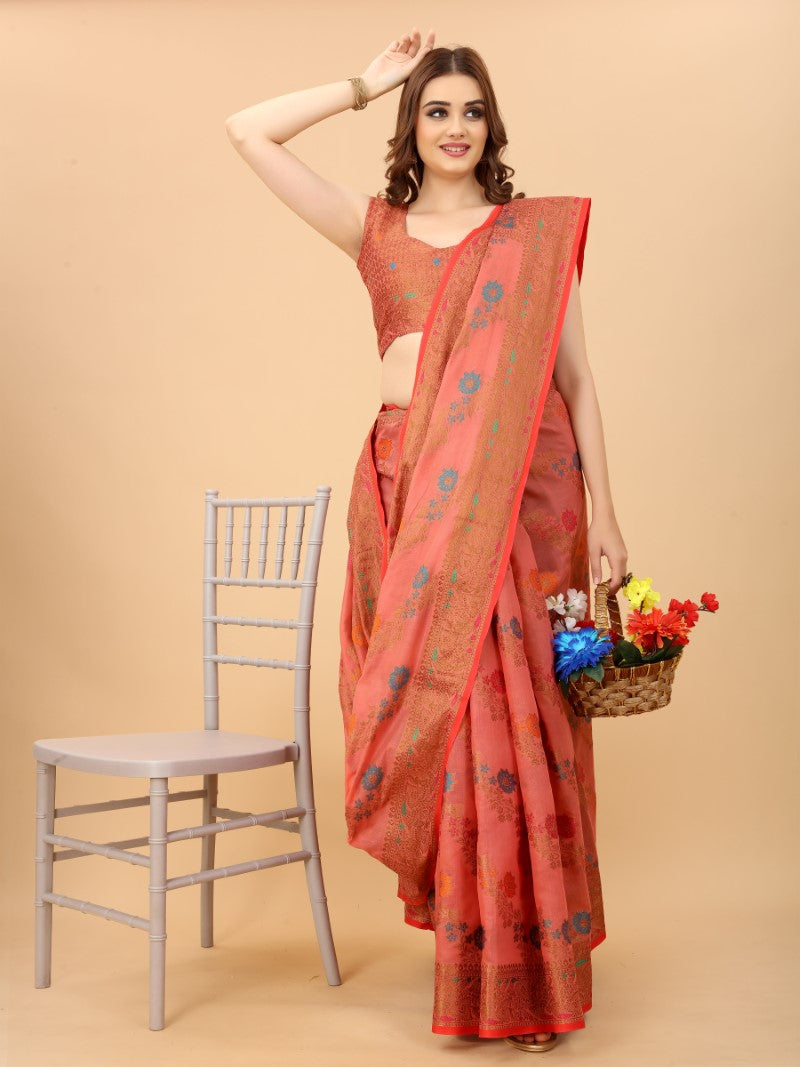 Women's Pink color With Golden Zari Chanderi Cotton silk saree with Customize blouse piece