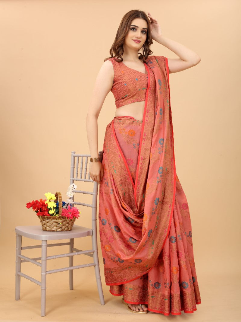 Women's Pink color With Golden Zari Chanderi Cotton silk saree with Customize blouse piece