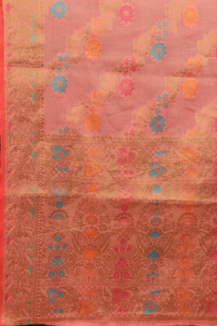 Women's Pink color With Golden Zari Chanderi Cotton silk saree with Customize blouse piece